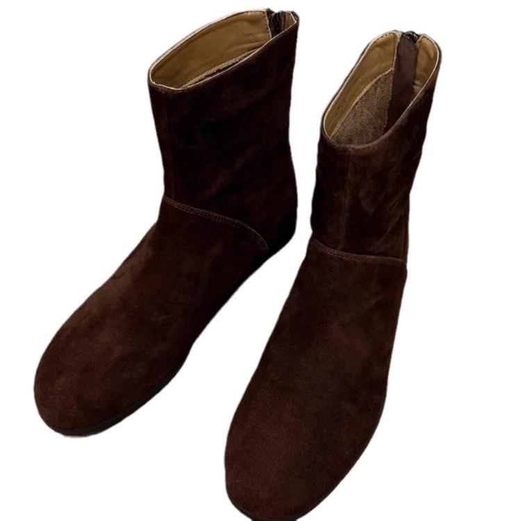 Korean Version of Maillard Suede Suede Flat-bottomed Western Cowboy Boots Short Boots Women's Autumn and Winter Versatile Rear Zipper Thin Boots