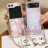 Metal Lanyard Soft TPU Clear Case For Samsung Galaxy Z Flip 6 5 4 3 5G Flip5 Flip6 Flip4 Flip3 Foldable Marble Printed Cover