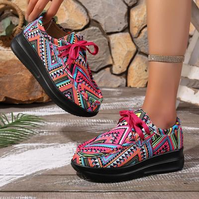 Sneakers alla Moda da Donna Autunno Nuovi Casual Quotidiani Sneakers da Donna Tela Etnica Arcobaleno Punta Tonda Stampa Multicolore Sneakers con Lacci