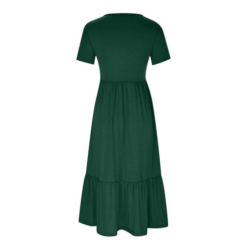 Women’s Short Sleeve Crew Neck Tiered Maxi Dress with Pockets Casual Loose Fit Soft Fabric Flowy Summer Dress
