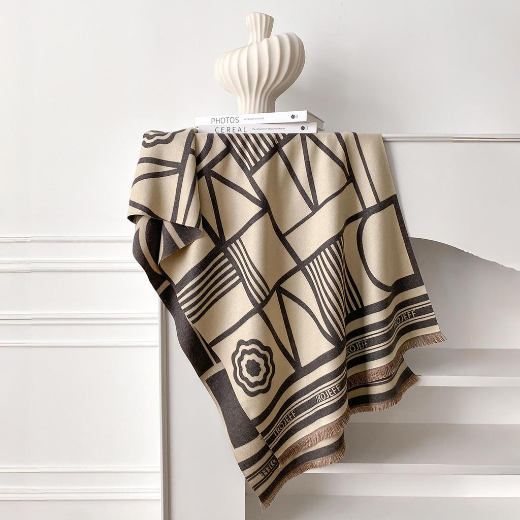 Winter Geometric Splicing Letters Versatile Simple Neck Protection Warm Scarves High Temperament Women Two-Sided Jacquard Shawl