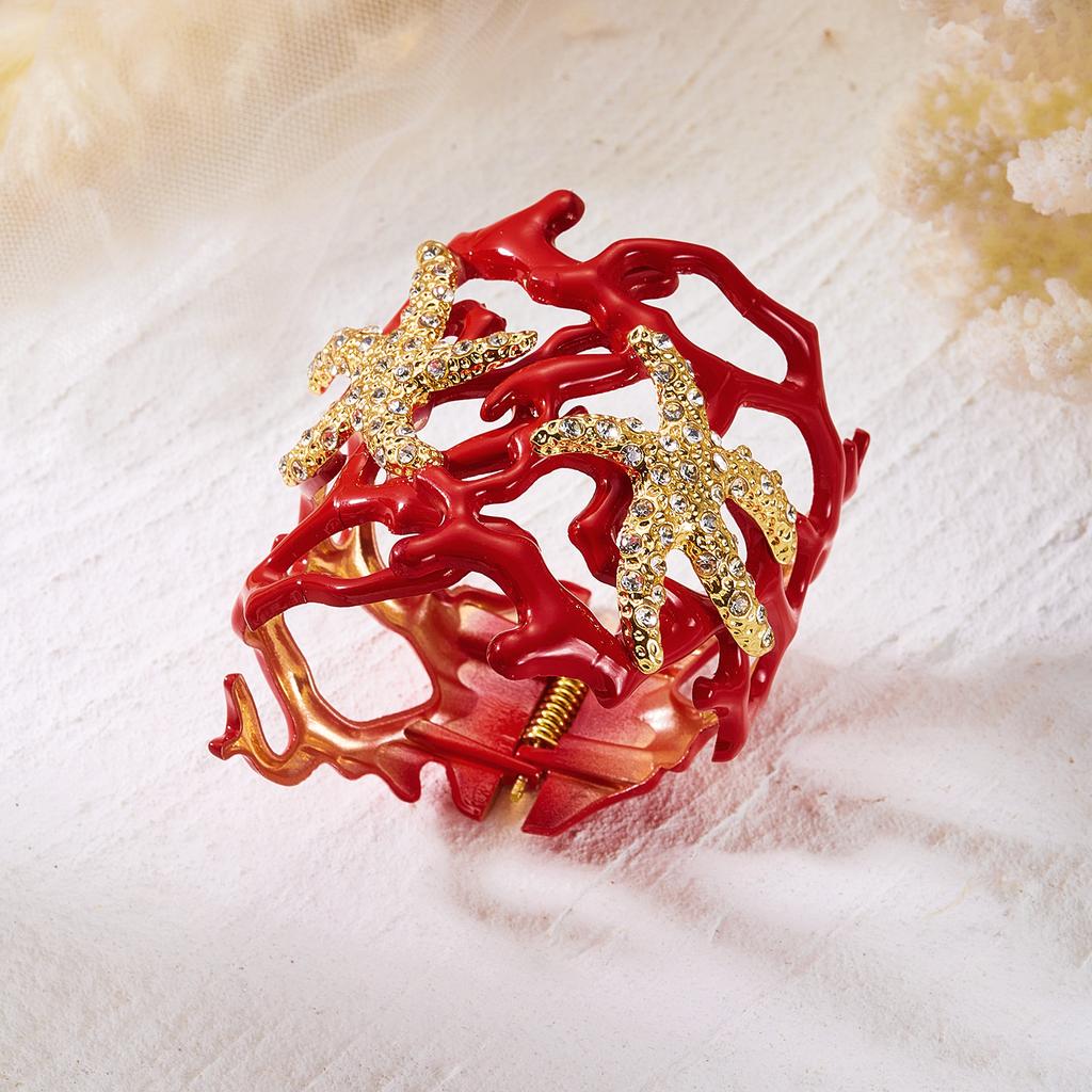 Ocean Theme Chunky Red Coral Wide Cuff Bracelet For Women Sparkling Rhinestone Starfish Bangle Summer Beach Resort Charm Jewelry