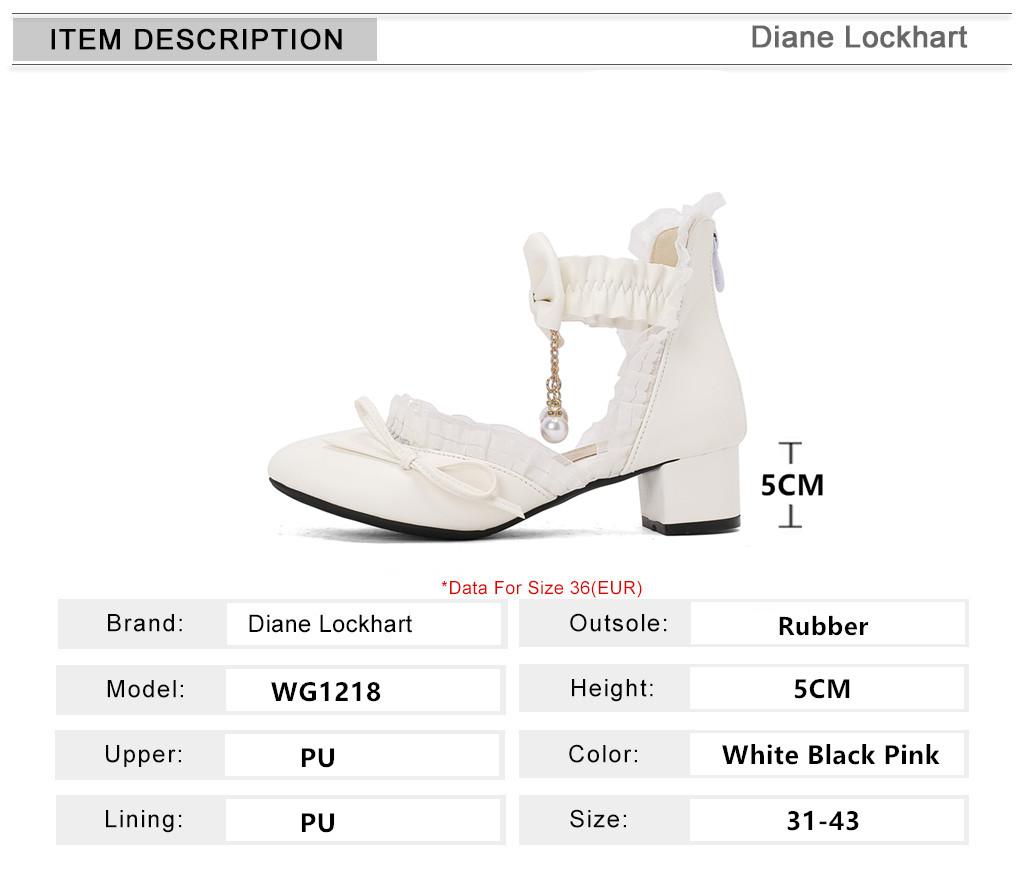 Fashion Spring Lace Ankle Strap Women High Heels Mary Jane Pumps Bead Party Wedding Cosplay White Pink Hairball Bow Princess Lolita Shoe