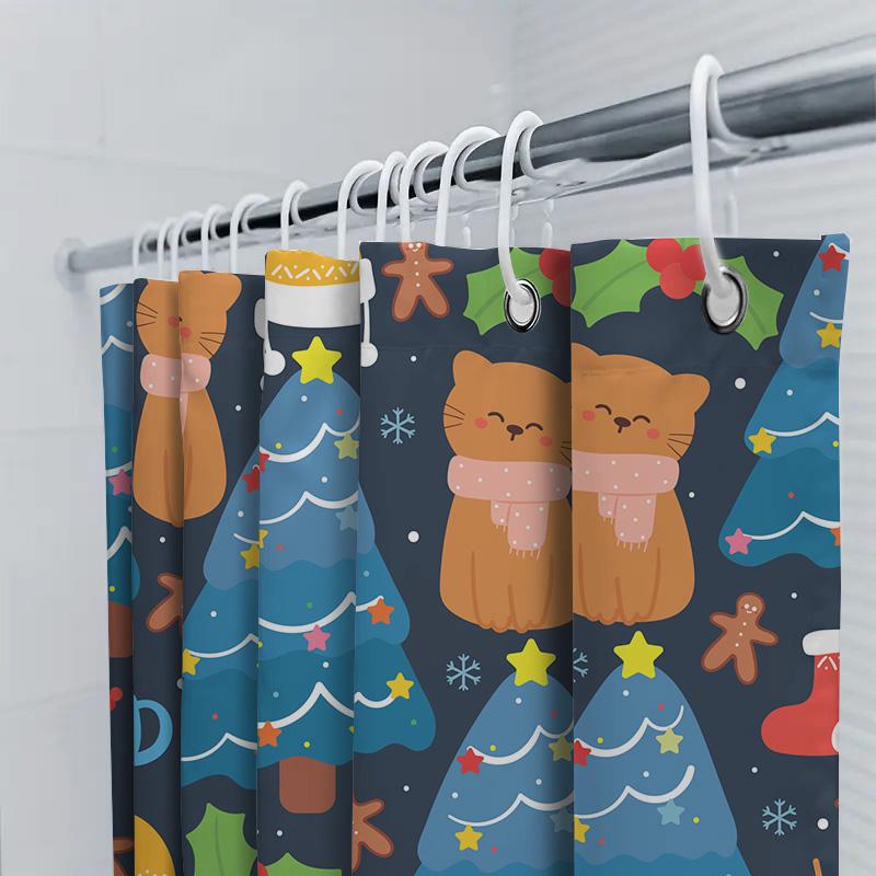 Charming Christmas Cat Trees Bath Curtain Set For Home Decoration Multicolored Shower Curtains