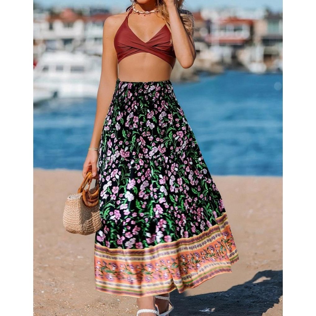 Womens Summer Boho Skirts Casual Maxi Flowy Elastic High Waist A-Line Tiered Swing Floral Long Skirts with Pockets