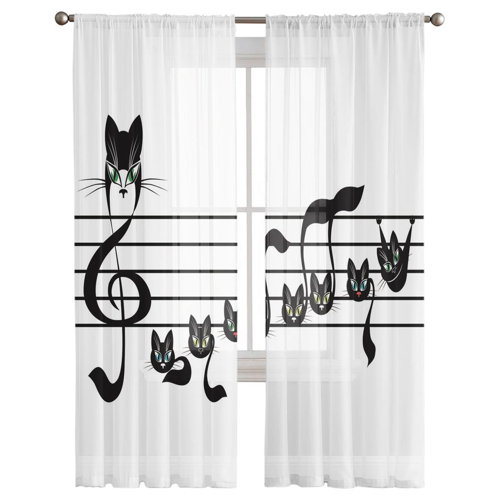 Cat Musical Note Stave Tulle Curtains For Living Room Bedroom Decor Chiffon Sheer Voile Kitchen Window Curtain