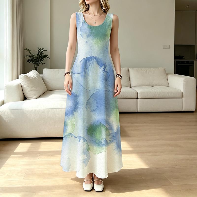 Women's Summer Beach Maxi Dress Sleeveless Loose Watercolor Print Dress,Lightweight & Breathable,Elegant for Vacation,Outdoor & Daily Wear