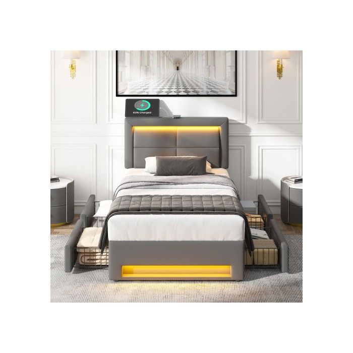 Gepolstertes Bett - MUVOE - 90x200 cm - mit USB-Anschluss - LED-Beleuchtung - 4 graue Schubladen