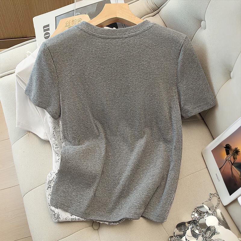 Faux Two-Piece Sequin Lace T-Shirt