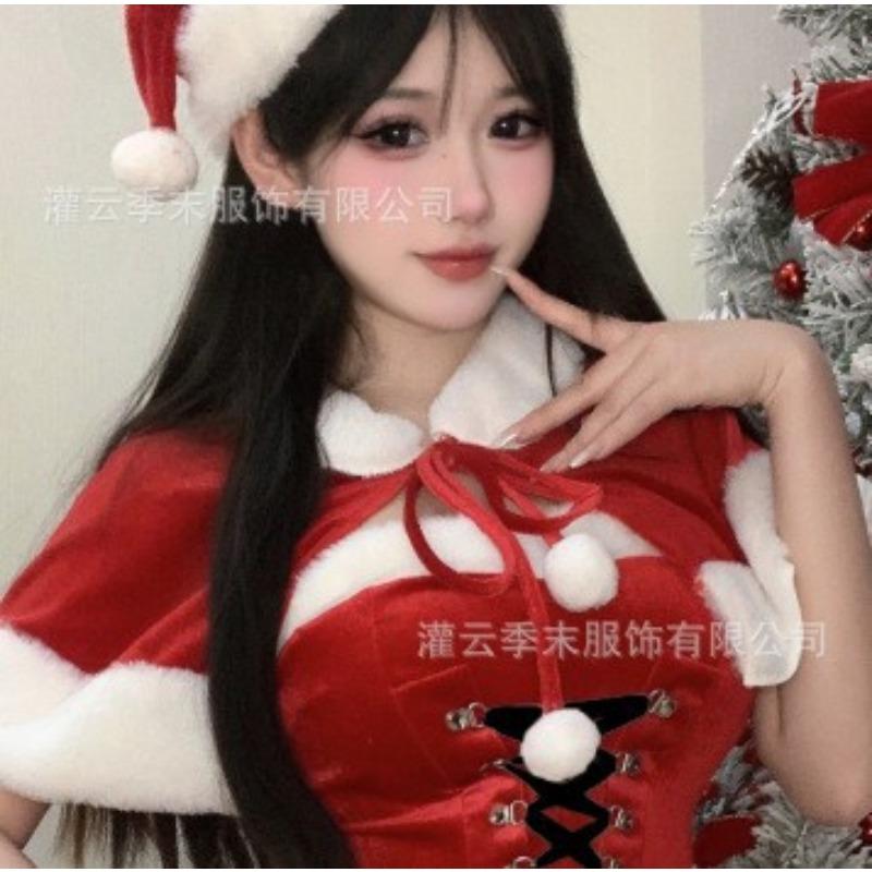 Sexy Lingerie Princess Look! Christmas Shawl Velvet Dress Sexy Lace-up Waist Pure Lust B82