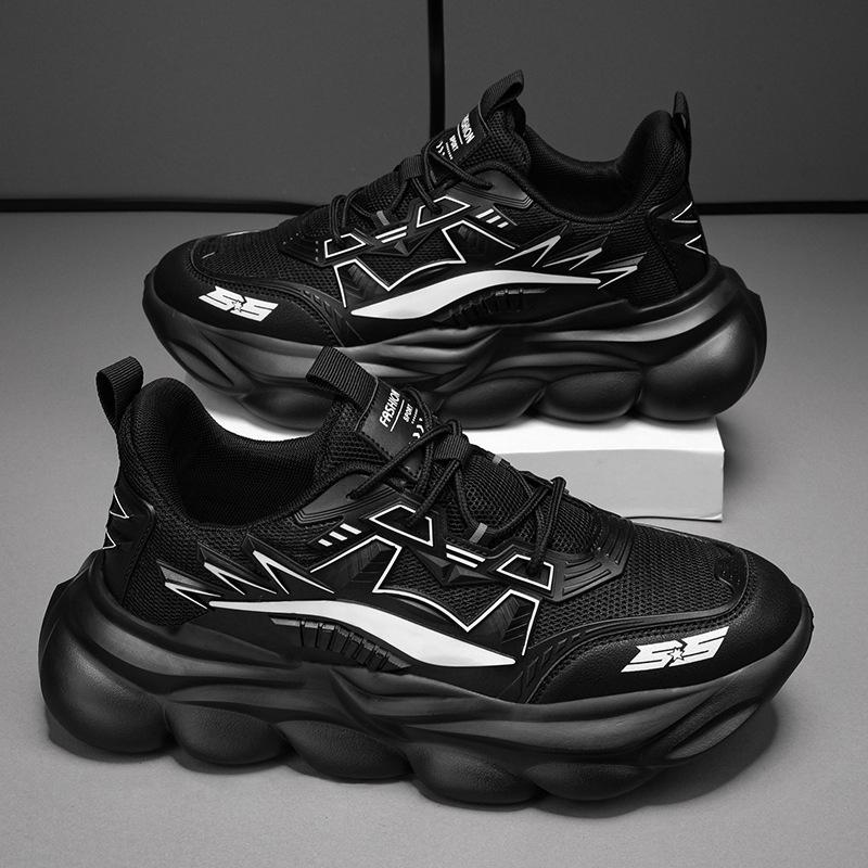 Large Size Men's Shoes Mesh Breathable Thick Sole Men's Sports Shoes Casual Running Little White Dad Shoes All Black Dad Shoes