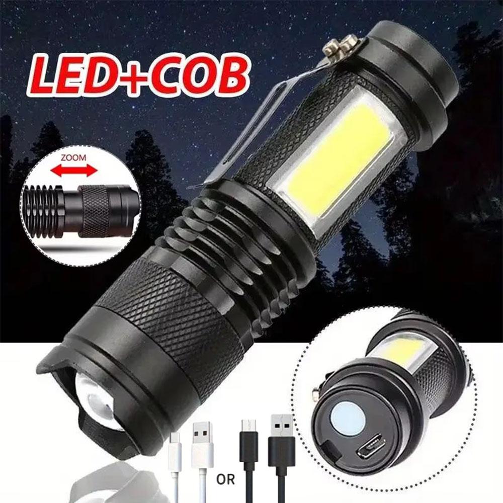 Portable LED Flashlight with Zoom Function USB Rechargeable, COB+XPE Light, Waterproof Outdoor Torch for Camping, Emergency, Hiking