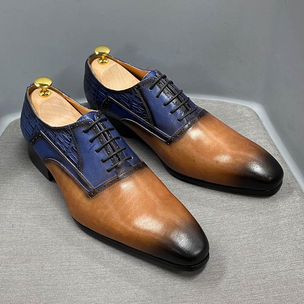 Mens Formal Shoes Genuine Cow Leather Oxford Shoes Brown Blue Mixed Color for Men Dress Wedding Shoes Lace Up Luxury Formal Shoe