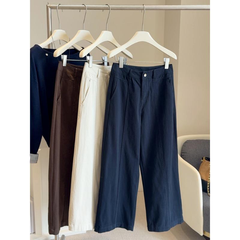 Small washed cotton casual pants women's high waist and thin autumn new narrow version drape wide leg straight pants