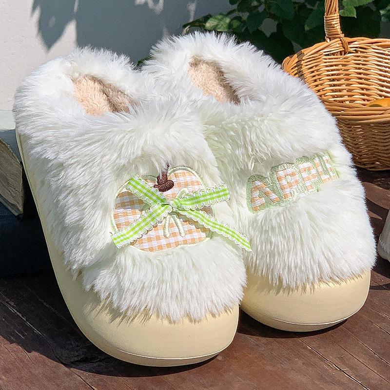 New plush cotton slippers women's winter bow indoor home thick bottom plush warm confinement cotton mop