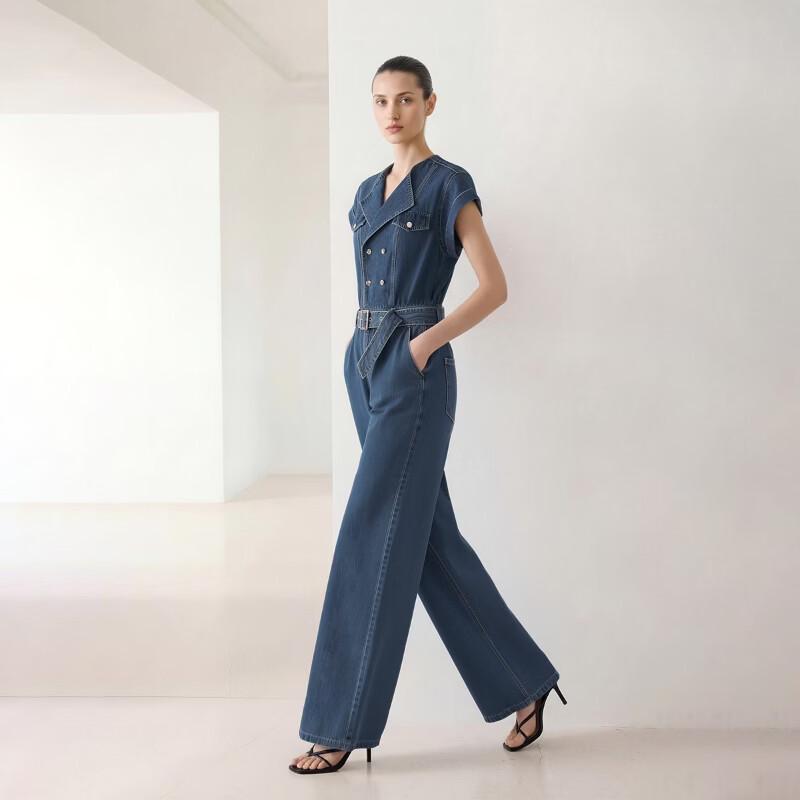 ONLY Women's 2026 Summer Retro Double-Breasted High-Waist Straight-Leg Denim Jumpsuit