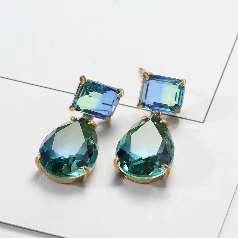 Two-Tier Square Emerald Cut & Water Drop Bi-Color Tourmaline Simulant Crystal Gold Dangle Earrings Banquet Accessories