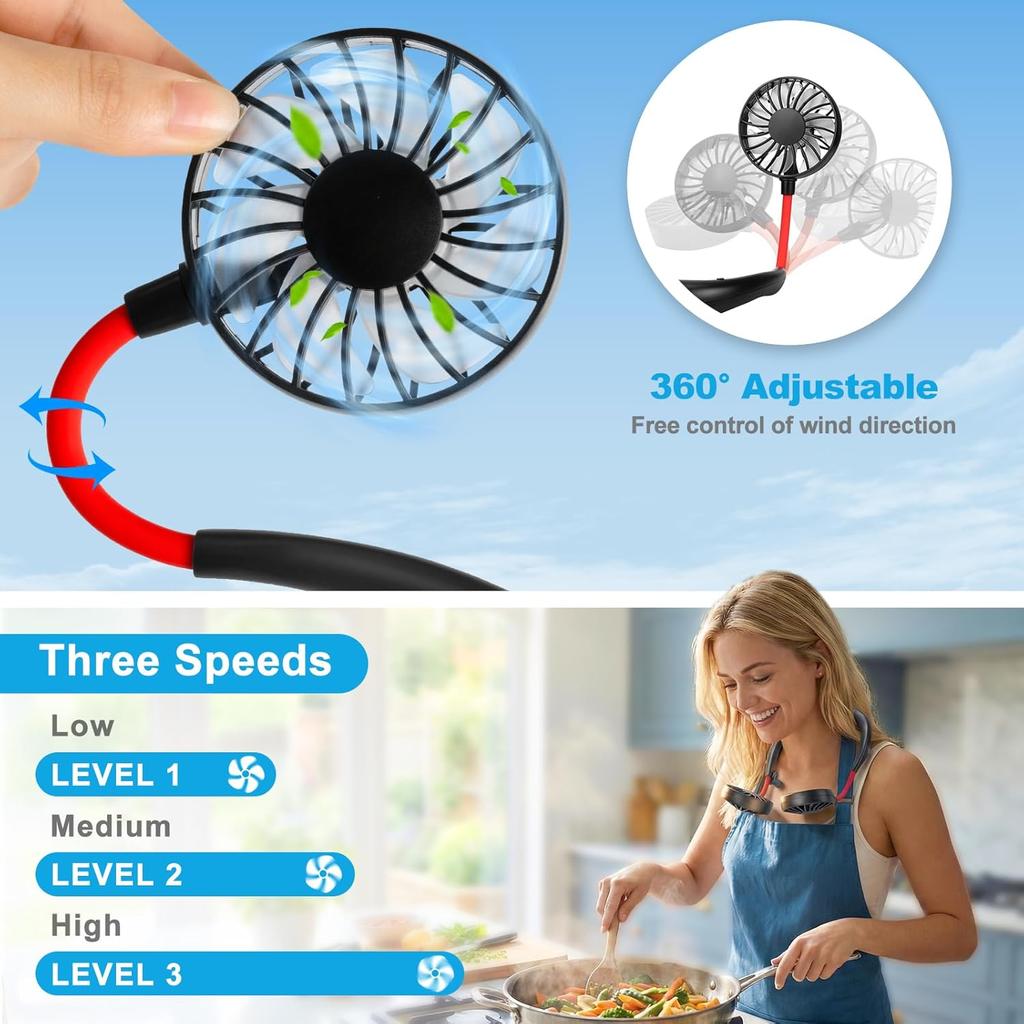 360° Rotation Portable Cooling Neck Fan Personal Neck Fans 3 Adjustable Speed Wearable Neck Fan for Office Sport Travel