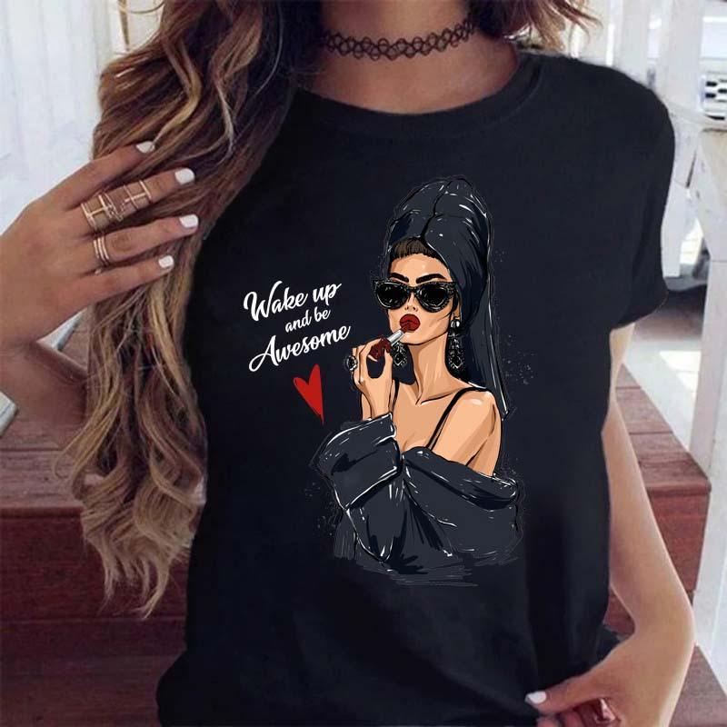 Women's Top Urban Girl Printed Casual White Cute Simple Retro Front Shoulder Pure Cotton Short Sleeved T-Shirts Women’s