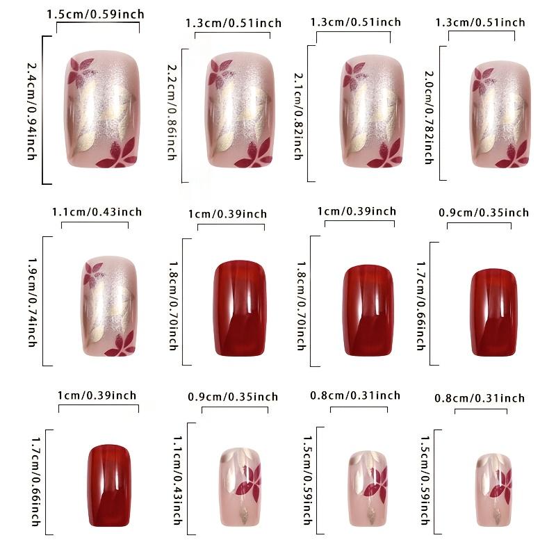 24pcs Red Floral Press on Nails Shiny Glossy Red False Nails, Sparkling Leaf Pattern Short Square Nail Art