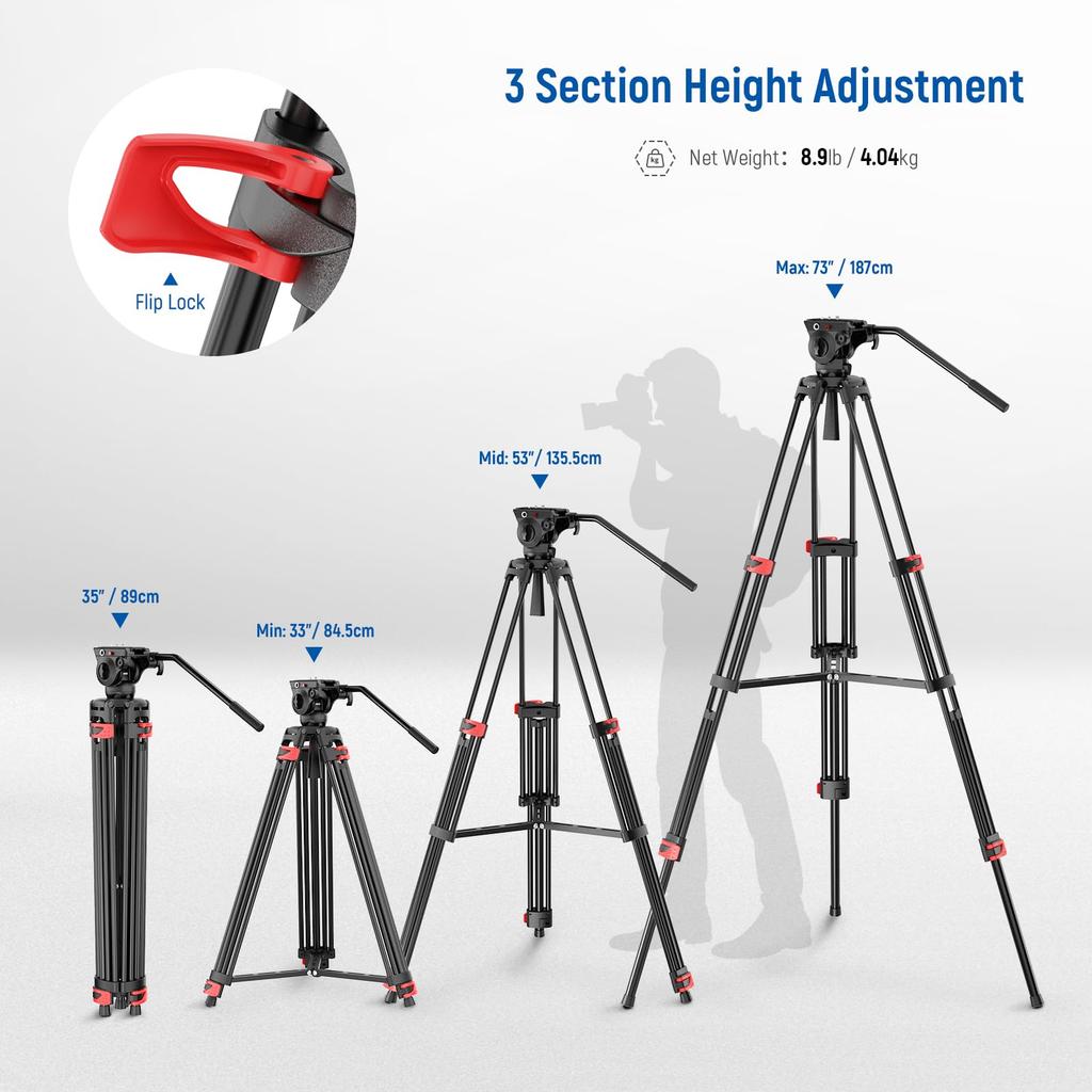 NEEWER Basic 187cm Video Tripod with Video High Camera Tripod with Dynamic Suitable for Maximum Load TP37 Head, Metal, Durability, Damping/Mid-Level