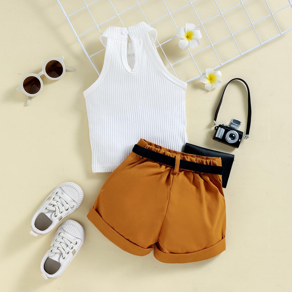Girls Summer Halter Tank Top Shorts Belt Bag Set