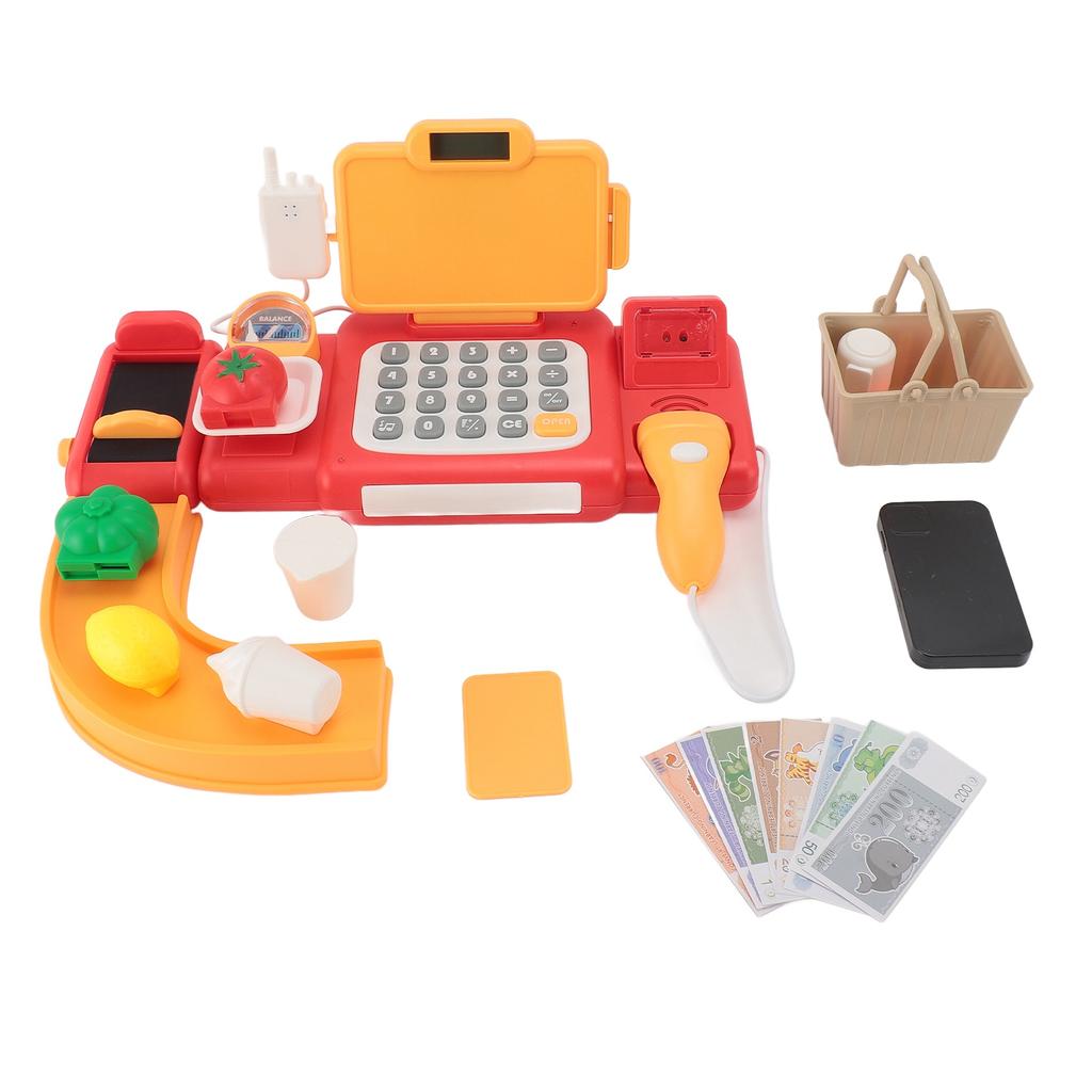 Cash Register Toy for Kids with Checkout Scanner Play Food Set Play Calculator Credit Card Rder Voice Broadcast Pretend Cash Register