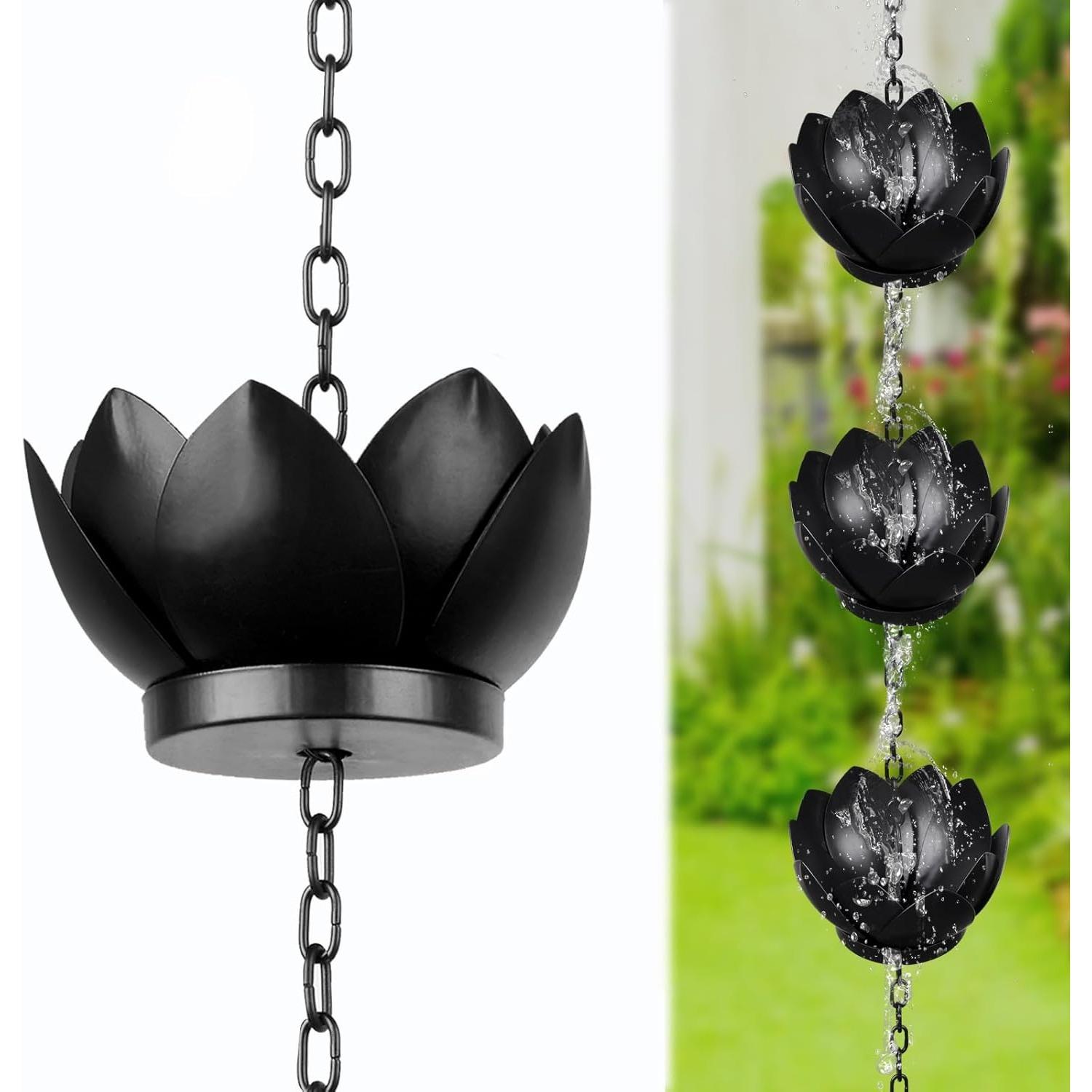 Rain Chains,Metal Rain Catcher Chain for Eaves Drainage,Lotus Shape Downspouts Hanging Rain Chain Garden Ornament,Adjustable Rain Chain for Outdoor чёрный