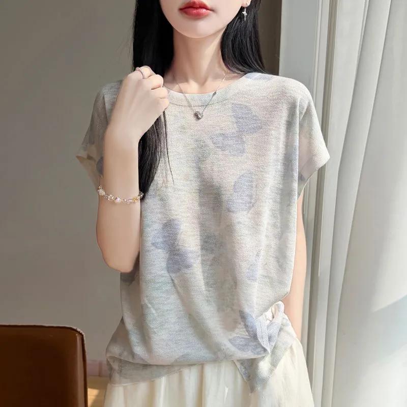 Womens Gradient Print Round Neck Short Sleeve Knit Top