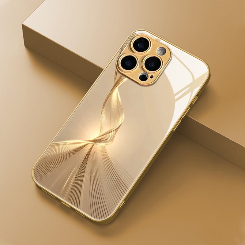 High End Art Gold Wire Texture Pattern Glass Phone Case Suitable for iPhone 17 16 15 14 13 12 11 Pro/Max/Plus Shockproof
