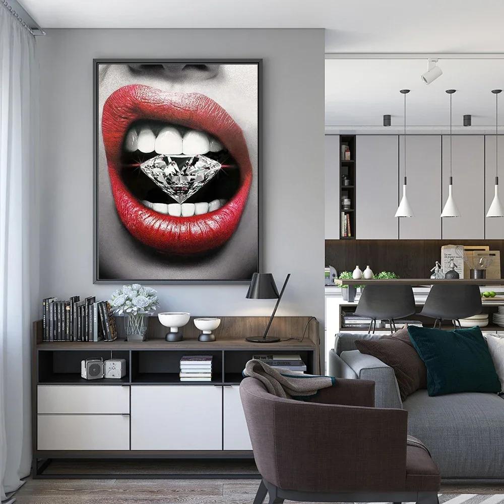 Sexy Woman Red Lips Money Rose Wall Art Posters Modern Home Living Room Bedroom Decorative Canvas Painting Picture Print Artwork