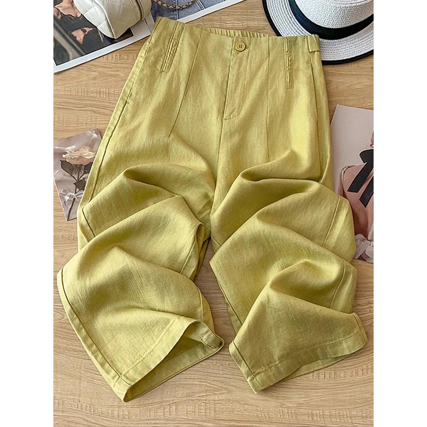 Women s Plus Size Tencel Linen High Waist Summer Cropped Pants L for 50-60kg