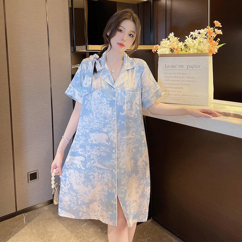 Smudged Ice Silk Pajamas Summer Thin Cardigan Short-Sleeved Medium And Long Pajamas Can Be Worn Outside Loungewear