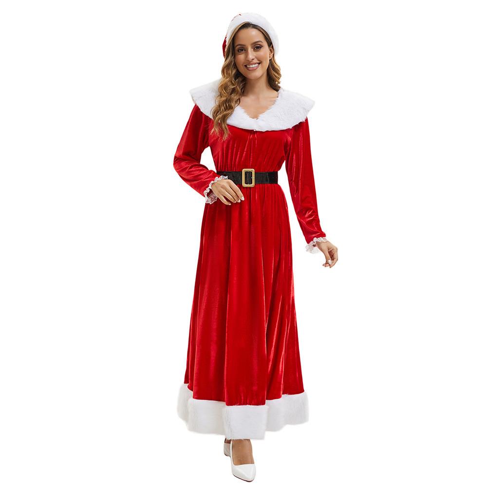 Women Elegant Velvet Long Dress With Hat And Belt For Christmas And Holiday Events