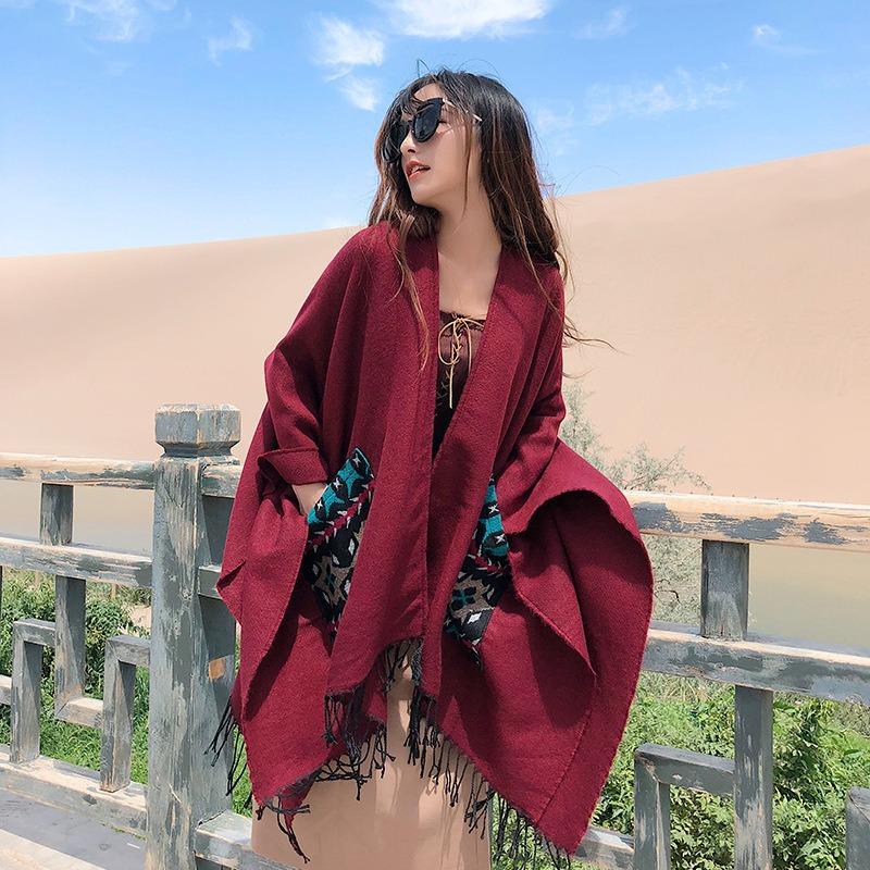 Scarf women's winter outer split shawl imitation cashmere thickened warm fringed pocket cape desert travel photo