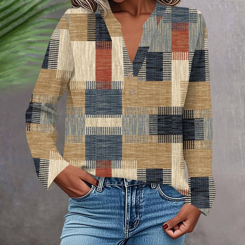 Women's Fashionable And Casual Shirt Long Sleeve V-neck Button Printed Blouse Top