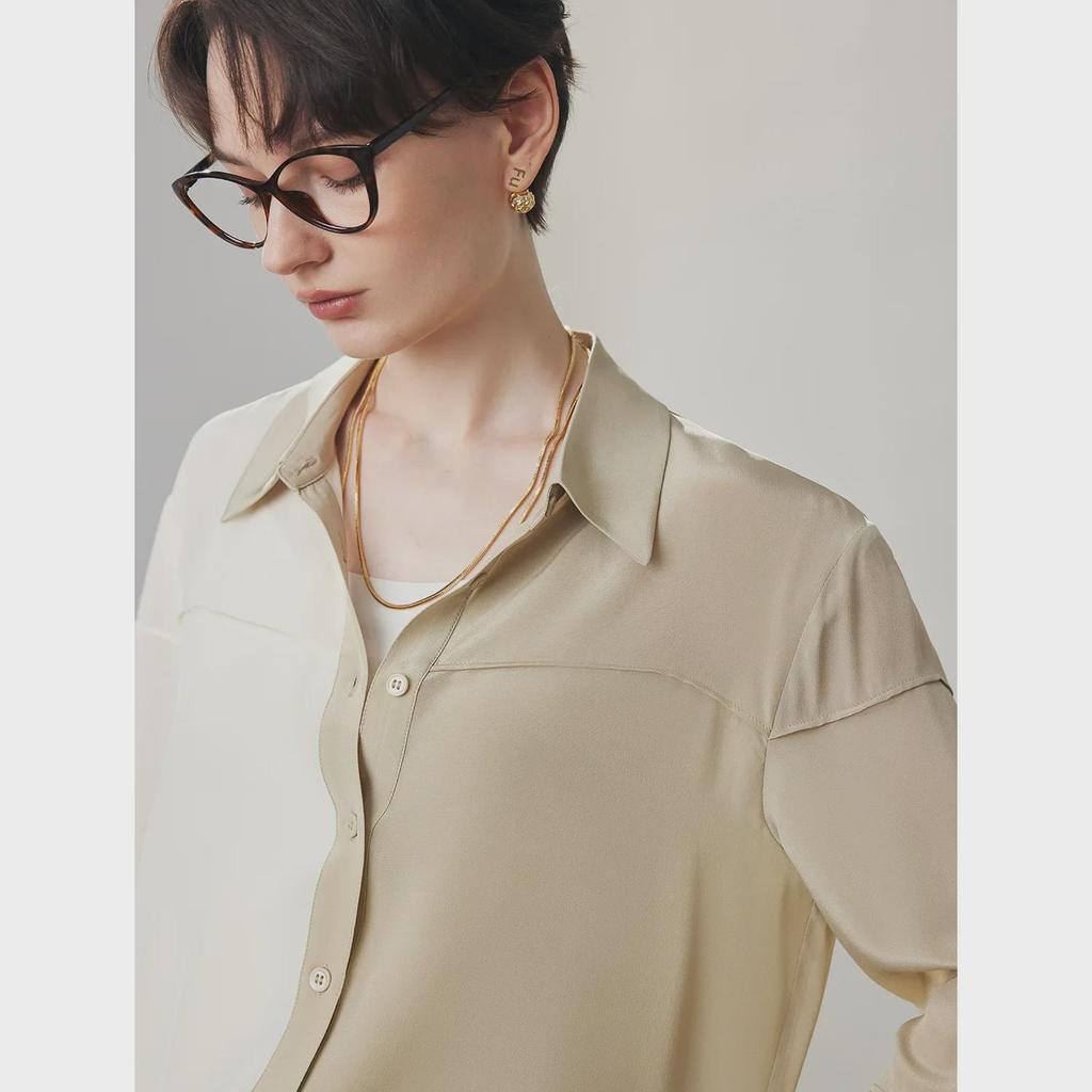Women's Loose-Fit Silk Shirt - 2025 Spring/Summer, 100% Double Crepe Mulberry Silk, Color-Block Design