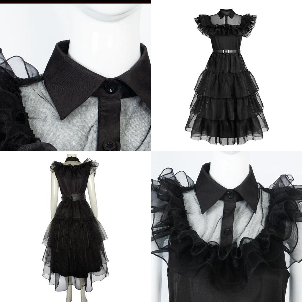 Wednesday Addams Dress For Kids Cosplay Costume Party A-shaped Tiered Skirt