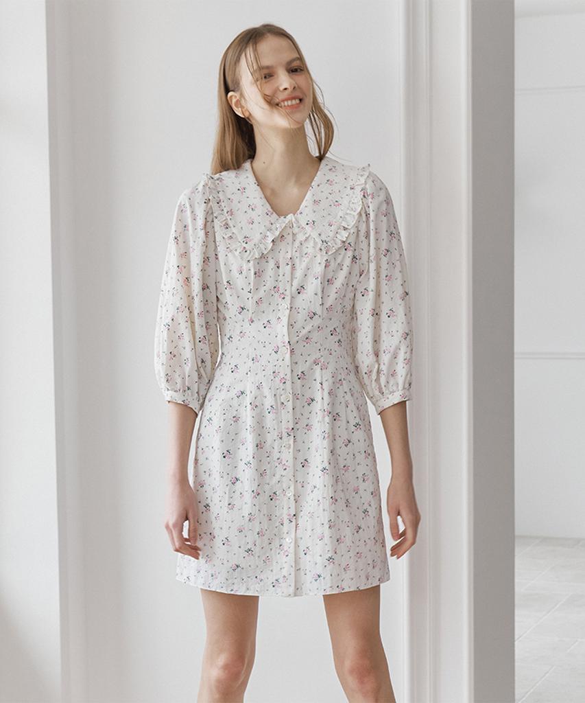 Bember Lace Collar Puff Sleeve Dress_White