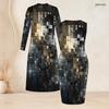 Women Plus Size Two Piece Set Long Sleeve Open Front Cardigan Crew Neck Sleeveless Bodycon Dress Geometric Printed Black Gold Gray