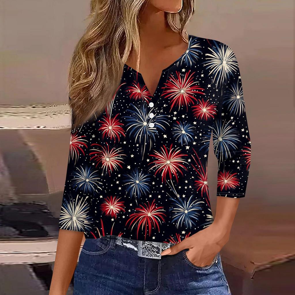 Women's T Shirt Print Button 3/4 Sleeve Daily Weekend Fashion Basic V- Neck Regular Top