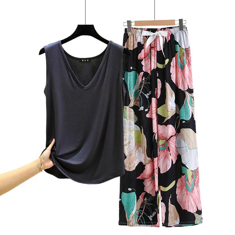 Lockere Modal-Pyjama-Sets Sommer V-Ausschnitt Tanktop und Florale Weite Hosen Lässiger Hausanzug ärmellos Loungewear Übergröße