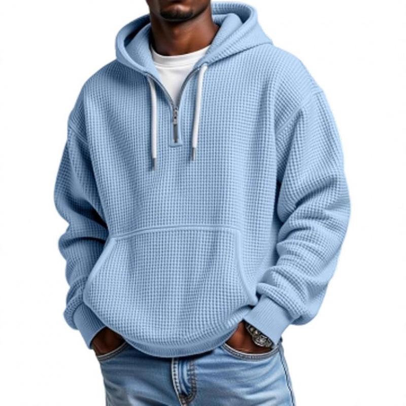Herren Hellblauer Kapuzenpullover mit durchgehendem Reißverschluss, Mesh-Pullover mit Kängurutasche, Lässige Jacke mit Reißverschluss vorne
