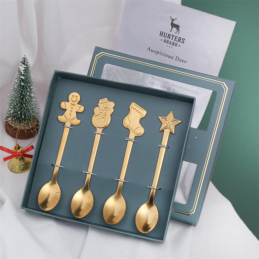 4Pcs Christmas Coffee Spoons with Gift Box Stainless Steel Snowman Star Dessert Spoons Teaspoons Cutlery Spoon Christmas Gift