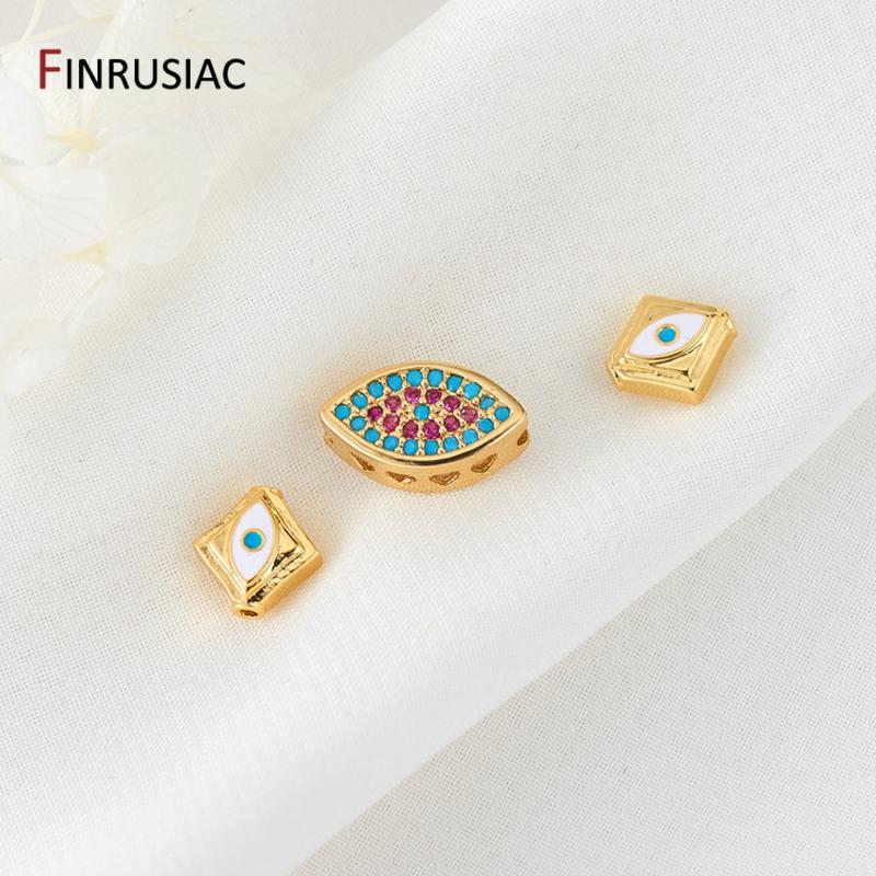 2 Types Perles Œil Maléfique / Œil du Diable, Plaqué Or Pavé Zircon Perles Libres Accessoires Espaceurs Bijoux Perles DIY