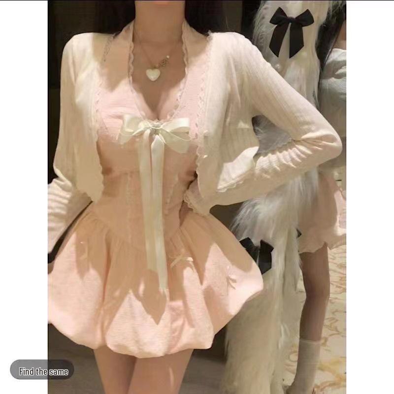 2025 Korean Spring Princess Style Slim Fit Puffy Dress Cardigan