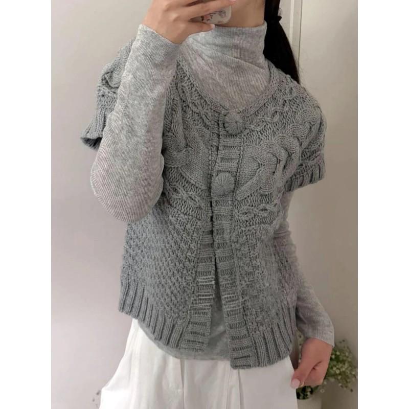 Womens Knit Cardigan Vest With Cable Round Neck Single Row Buttons Lightweight Layering Top