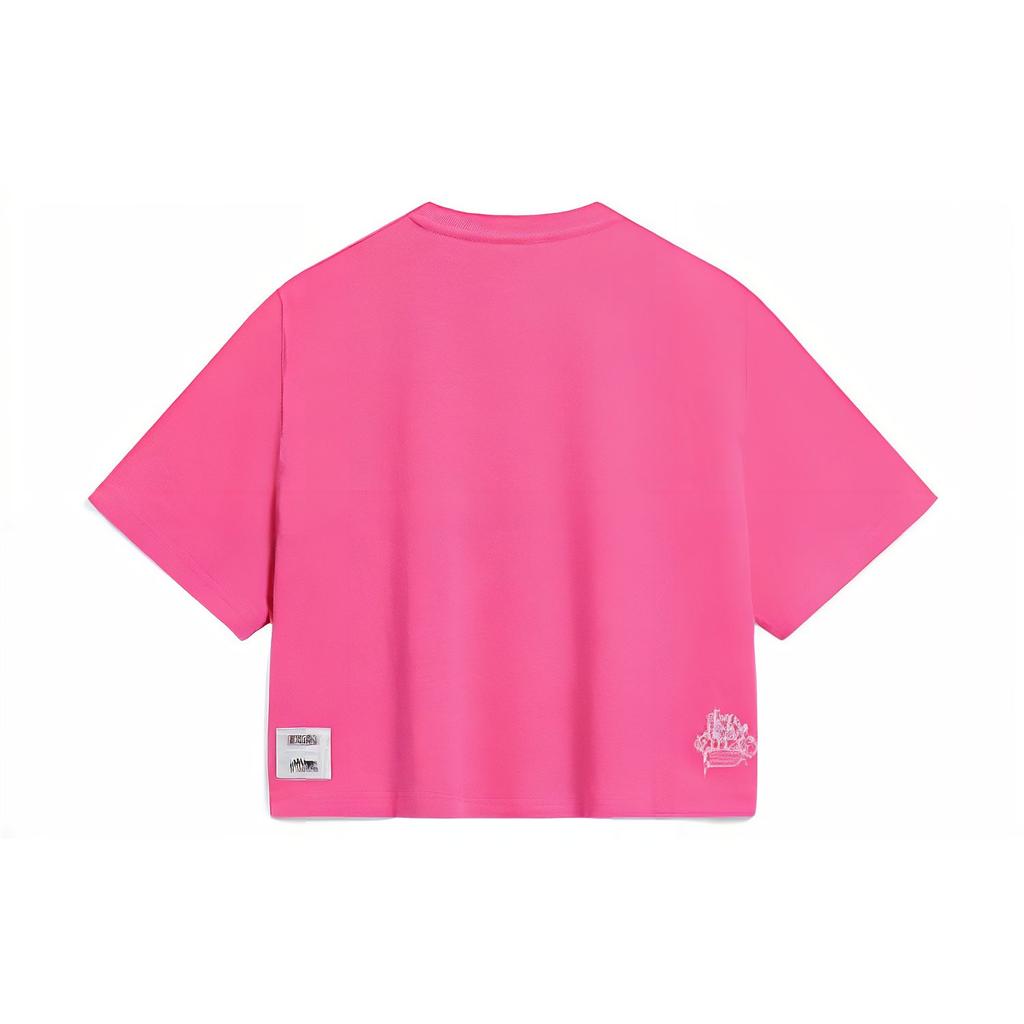 Li Ning Sport Lifestyle Series Label French Letter Print Short Loose Short Sleeve Drop Shoulder T-Shirt Women Tops Bright-Pink ATST810-2