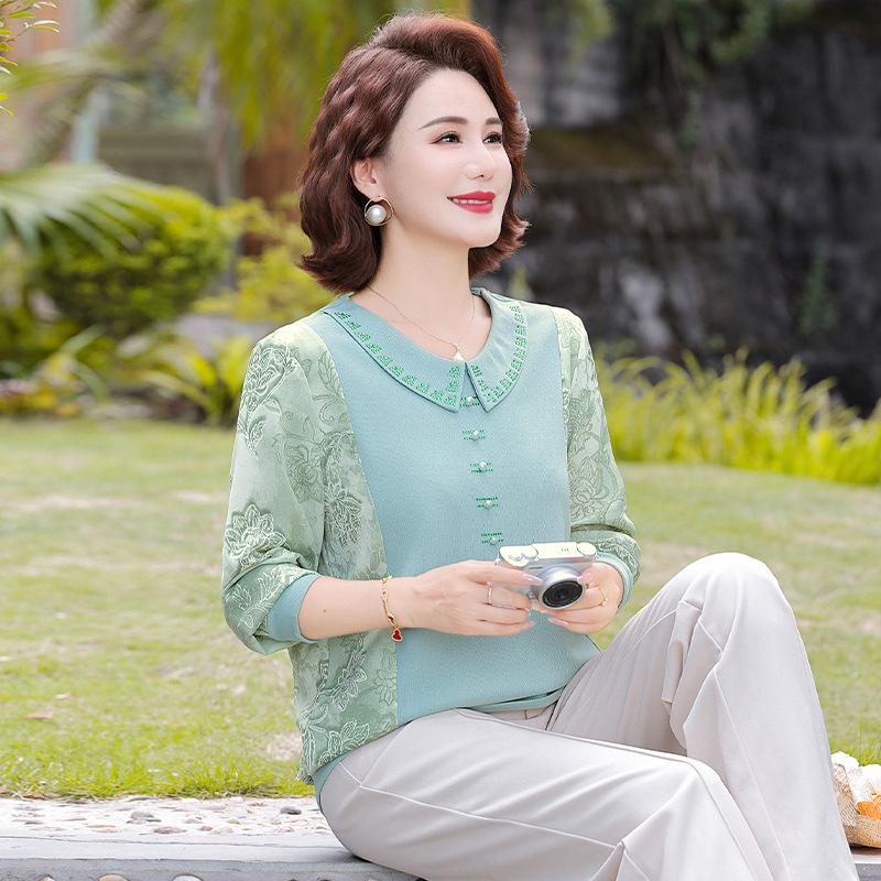 

Mom s 2026 Spring Fashion Long-Sleeve T-Shirt for Middle-Aged & Elderly Women 3XL for 120-135 jin зелёный