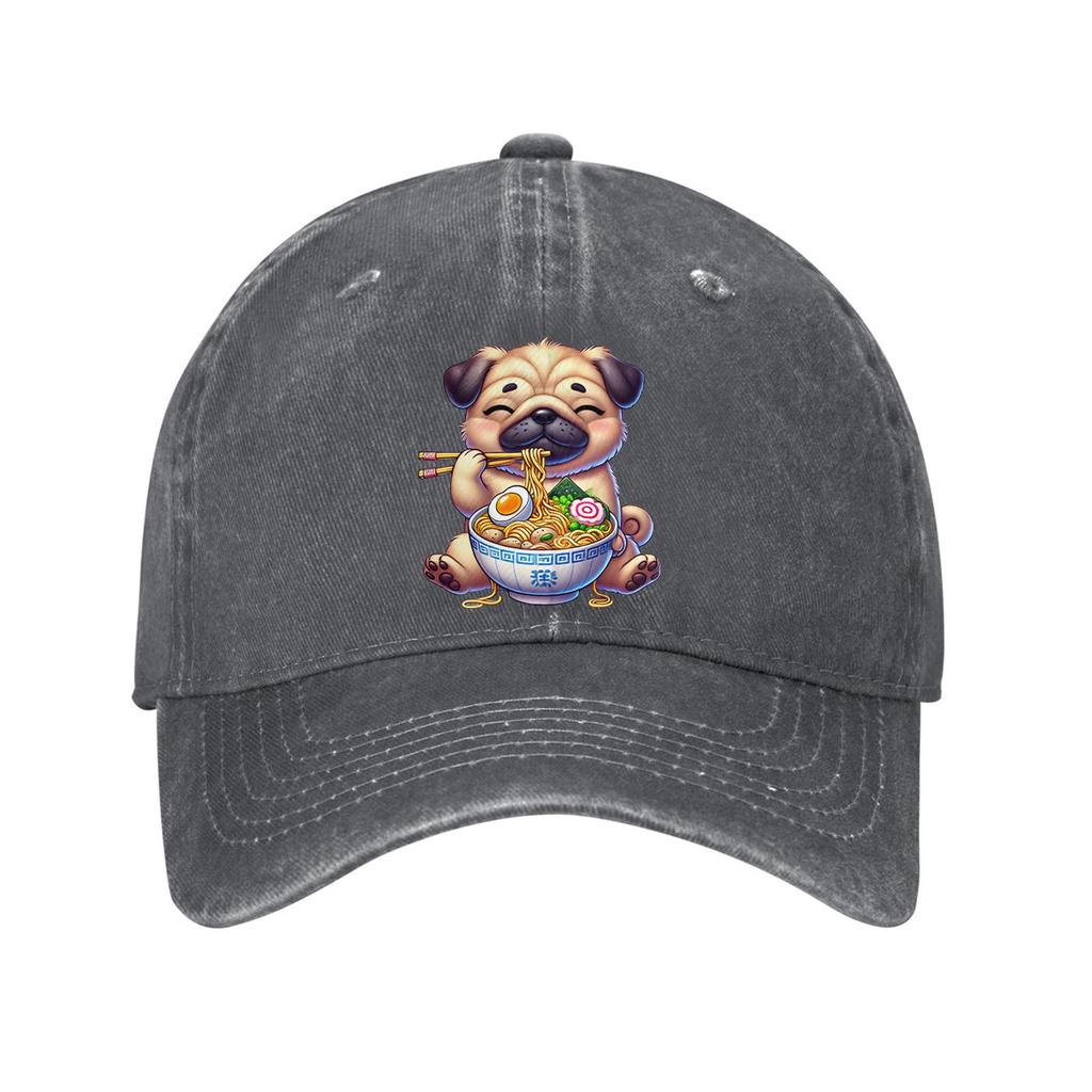 Cute Pug Eating Ramen Print Cotton Baseball Cap Funny Animal Lovers Adjustable Dad Hat Casual